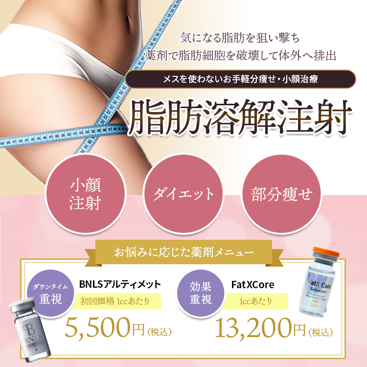 気になる脂肪を狙い撃ち 薬剤で脂肪細胞を破壊して体外へ排出 メスを使わないお手軽分痩せ・小顔治療 脂肪溶解注射