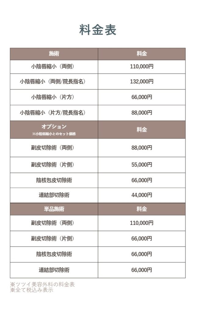小陰唇縮小　料金表