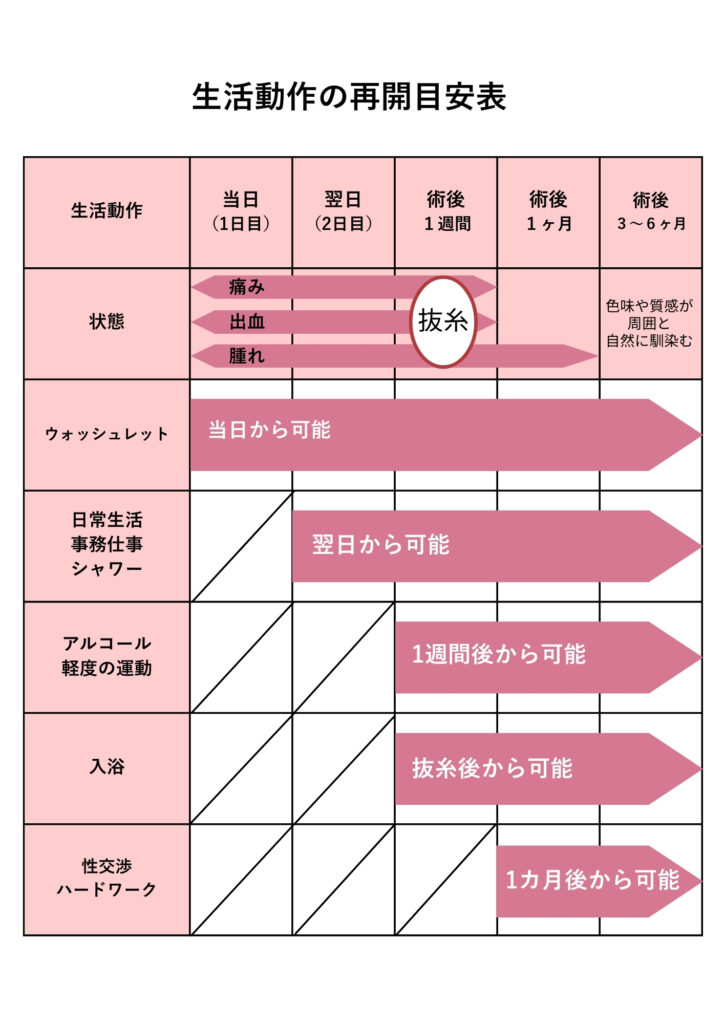 小陰唇縮小 生活動作の再開目安表